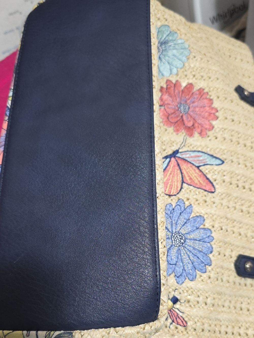 Sak Roots Embroidered Floral Straw Tote Bag in Natural with Navy Trim - Picture 4 of 9